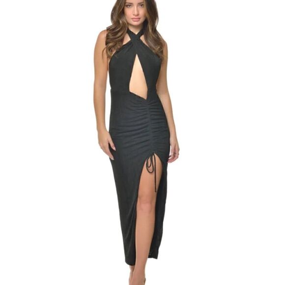 Women’s adjustable ruched HALTER DRAPED INFINITY DRESS size small BLACK - Picture 1 of 10